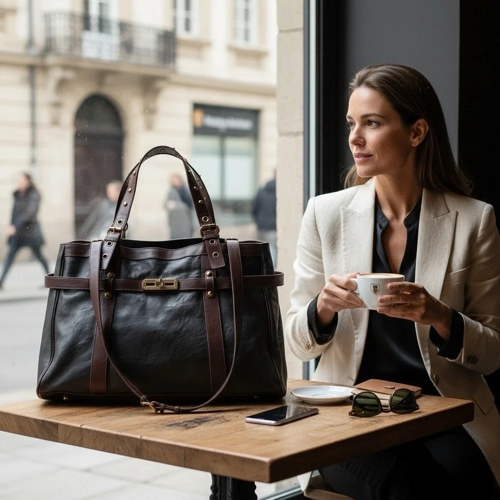 Bueno Black Brown‎ Distressed Vegan Leather Tote Bag Gold Turn Lock Satchel